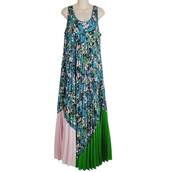 NEW Beatrice B Tank Dress L Blue Green Floral Pleated Sleeveless‎ Maxi gown - Picture 1 of 8